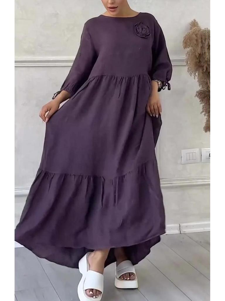 2024 European/American Women's Casual Dress: Round Neck, Long Sleeve, Drawstring, Back Tie, Solid Color