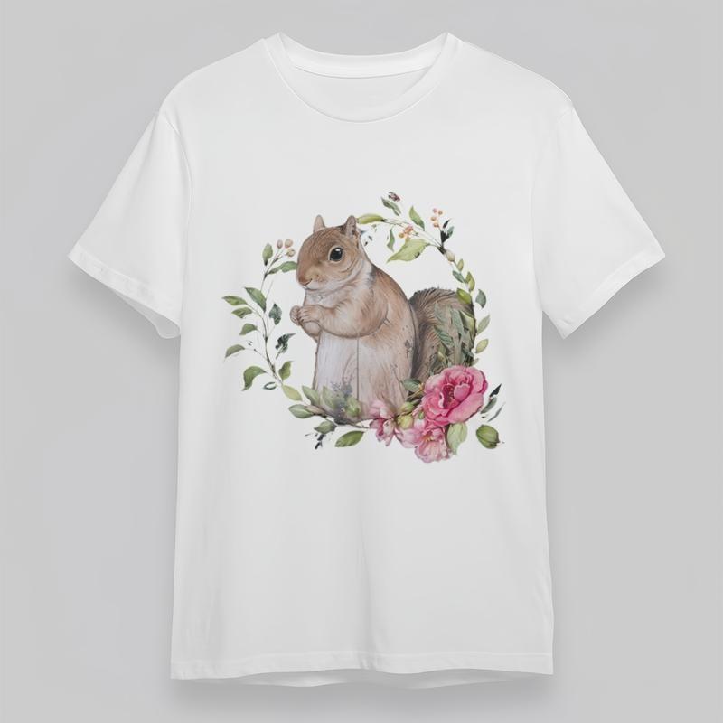 

Women s Plus Size Fashion Classic T-Shirt Cute Squirrel And Flowers Graphic Tee 3XL