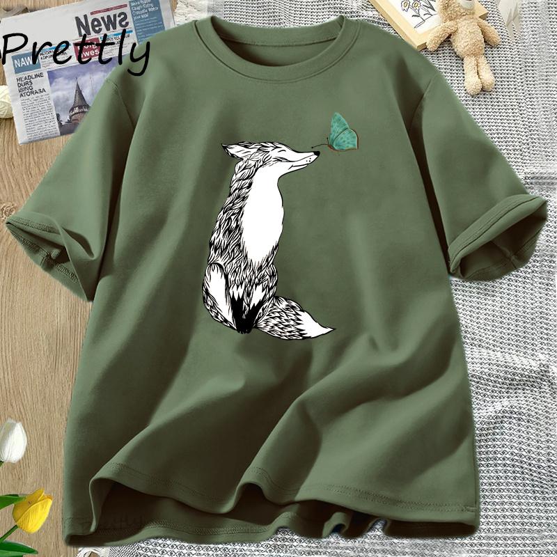 Fox and Butterfly T Shirt Cotton Graphic Tee Soft Fitted T Shirts for Women Printed Cotton Short Sleeve Harajuku Tees Clothing