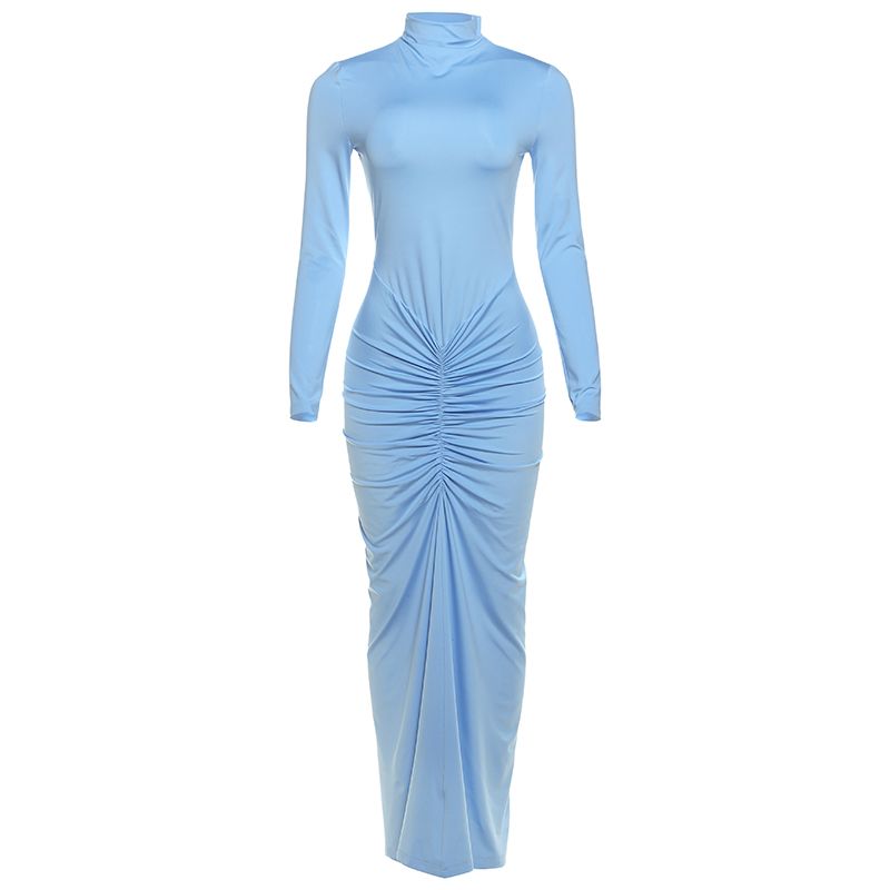 

# Sisjuly# Fashion New Pet Ins Wind Clear Cold Glacier Lake Blue Ruched Design Stand Collar Long Sleeves Dress Female Blue S