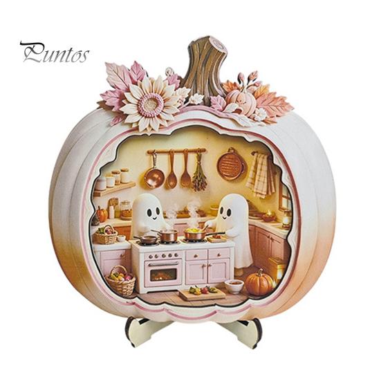 Indoor Fall Seasonal Ornament Halloween Ghost Pumpkin Wooden Plaque, 2D Flat Tabletop Sign, Rustic Farmhouse Autumn Decor Spooky Bathing Reading