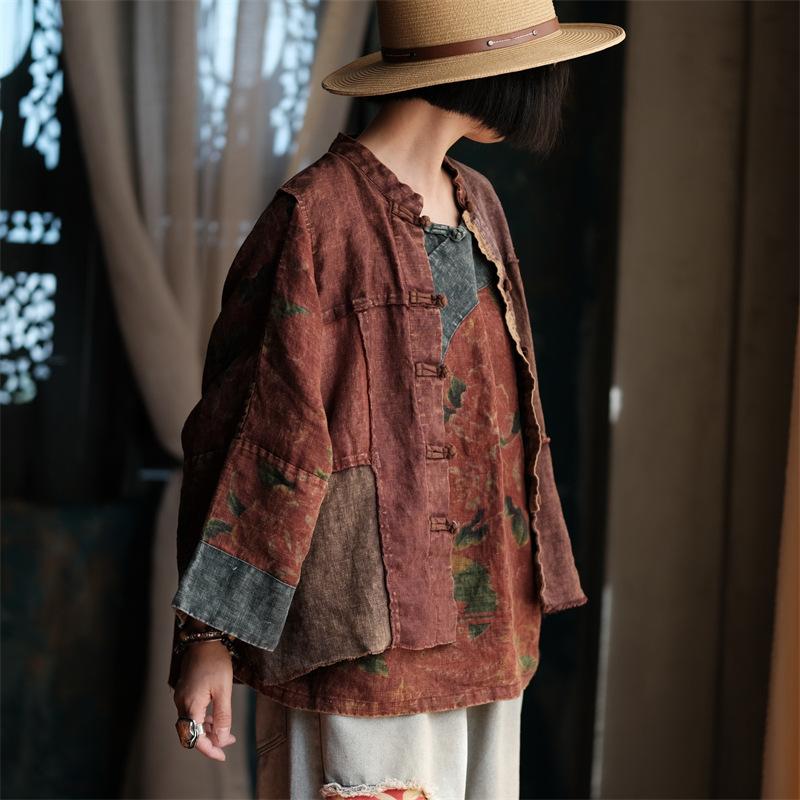 Johnature Women Vintage Coats Spring Chinese Style Patchwork Button Stand Loose Female Coats