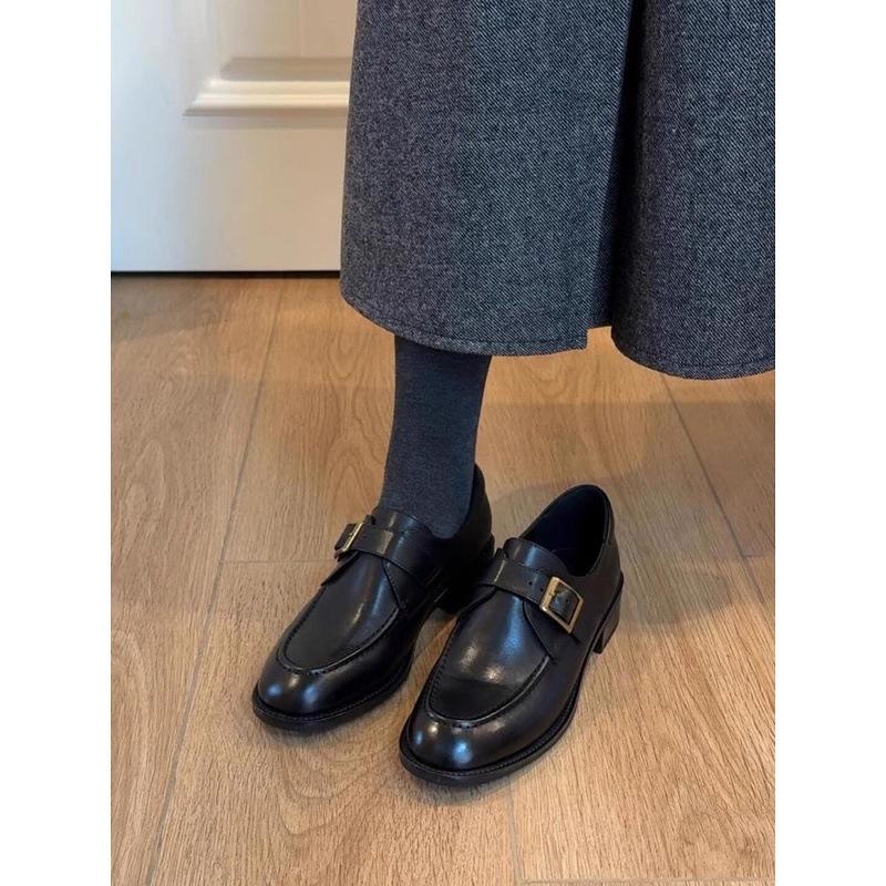 Sheepskin version~ Commuter single shoes women's belt buckle leather loafers women's retro style thin low heel versatile small leather shoes
