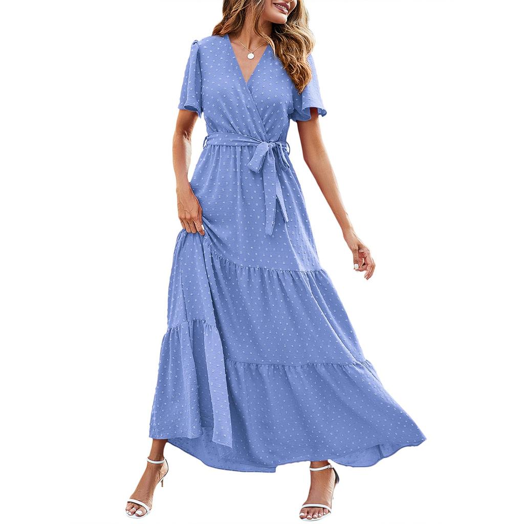Women's Summer Bohemian Dot V-Neck Floating Short Sleeve Solid Color Tie Dresses