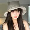 Cat Ears Button Bucket Hat Female Summer Cute Versatile Big Eaves Show Washbasin Hat Travel Sun Protection Hat