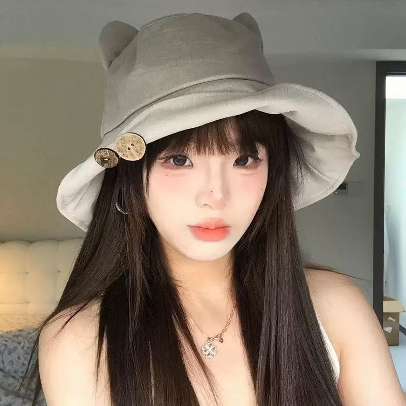Cat Ears Button Bucket Hat Female Summer Cute Versatile Big Eaves Show Washbasin Hat Travel Sun Protection Hat