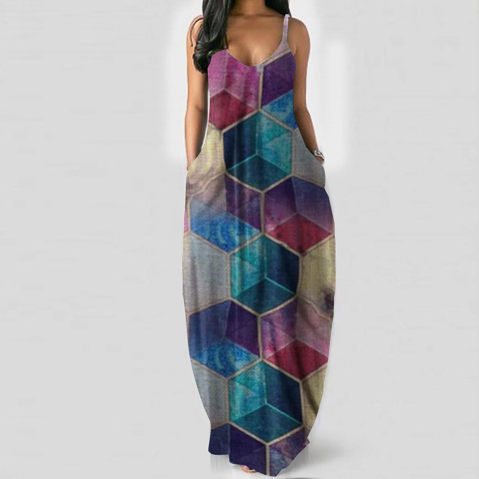 

Women s fashion plus size women s polygonal print sexy deep V long dress S синий