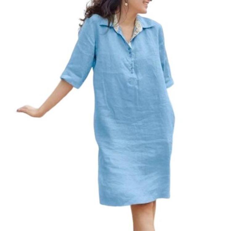 

Summer Casual Dress Women Loose Fit Knee Length Solid Color V Neck Lapel Buttons Half Sleeve Daily Garment Dressing Up M небесно-голубой