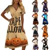 Women's Casual V Neck Short Sleeve Dress Halloween Ghost Print Knee Length Dress Lightweight Comfortable Fit for Everyday Wear