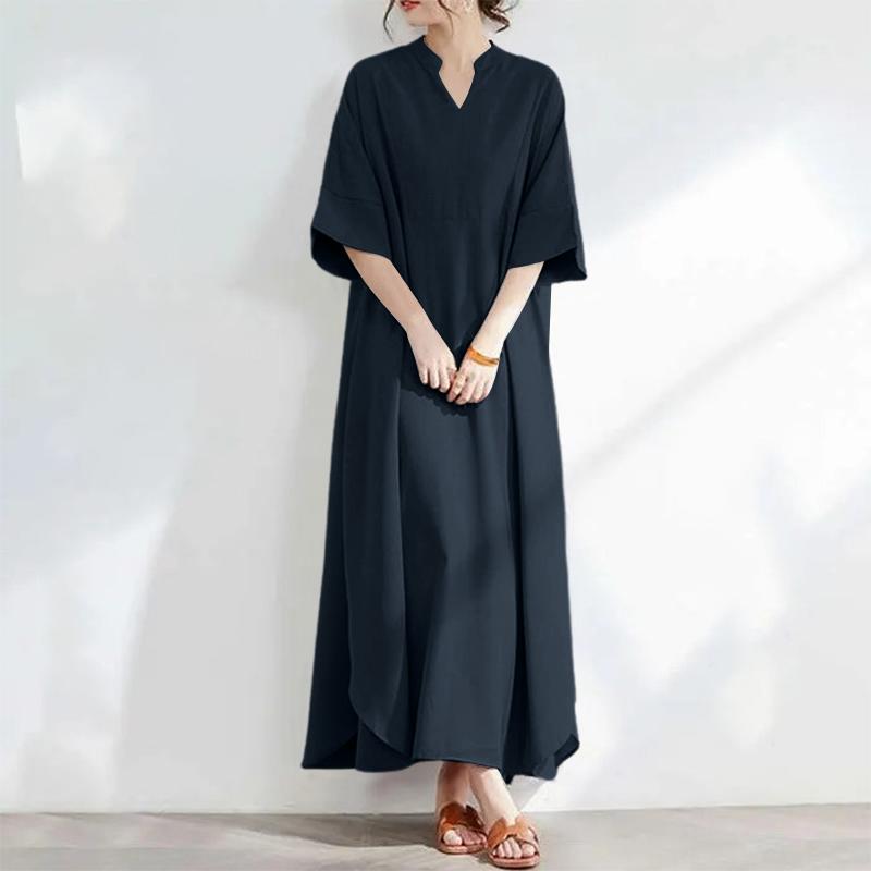 

ZANZEA Women Casual V-Neck Summer Loose Short Sleeve Long Dress Темно-синій