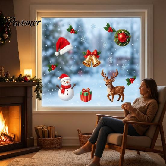 Snowman Window Stickers 2027 Merry Christmas Cling, Santa Reindeer Glass Door Sticker, Seasonal Clings Static Decal for Living Room Bedroom