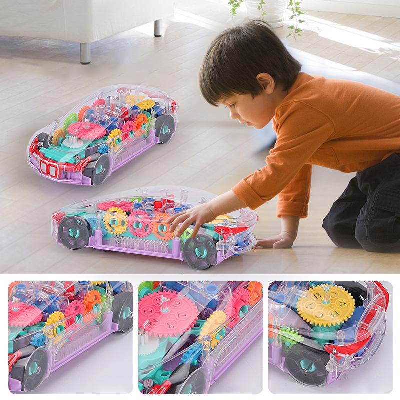 Kid Transparent Electric Car Sensory Racing Car Toy Colorful Moving Gears with Music Light Baby Crawling Toy Educational Gift