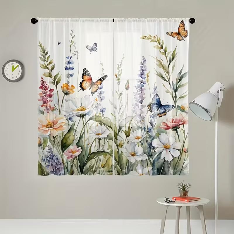 2 Pcs Butterfly Flower Print Curtains,suitable for Bedroom,living Room Kitchen Decoration,home Decoration,window Decoration