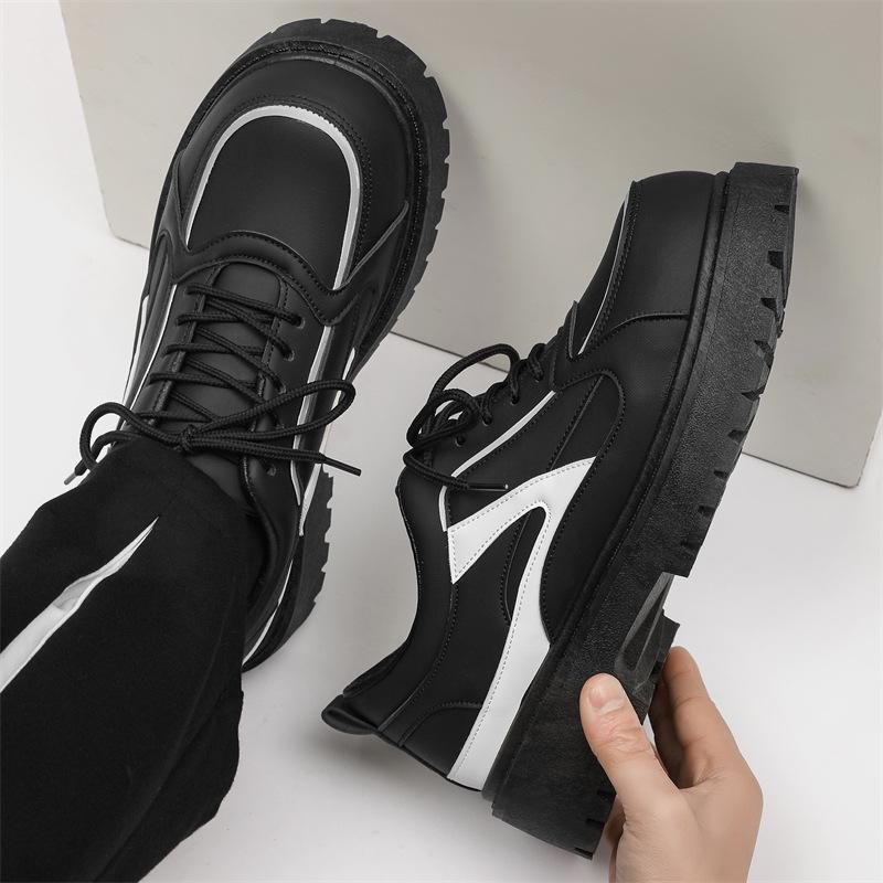 Men's Black Leather Height-Increasing Casual Shoes with Thick Sole - Korean Style Trendy Sneakers for All Seasons