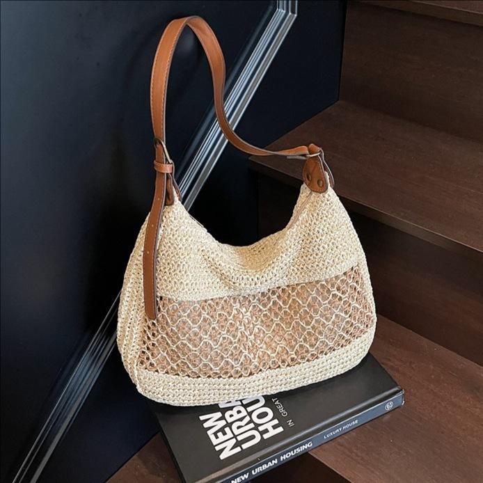 Crochet Mesh Shoulder Bag Women Summer Beach Tote With Leather Strap Natural Style Design