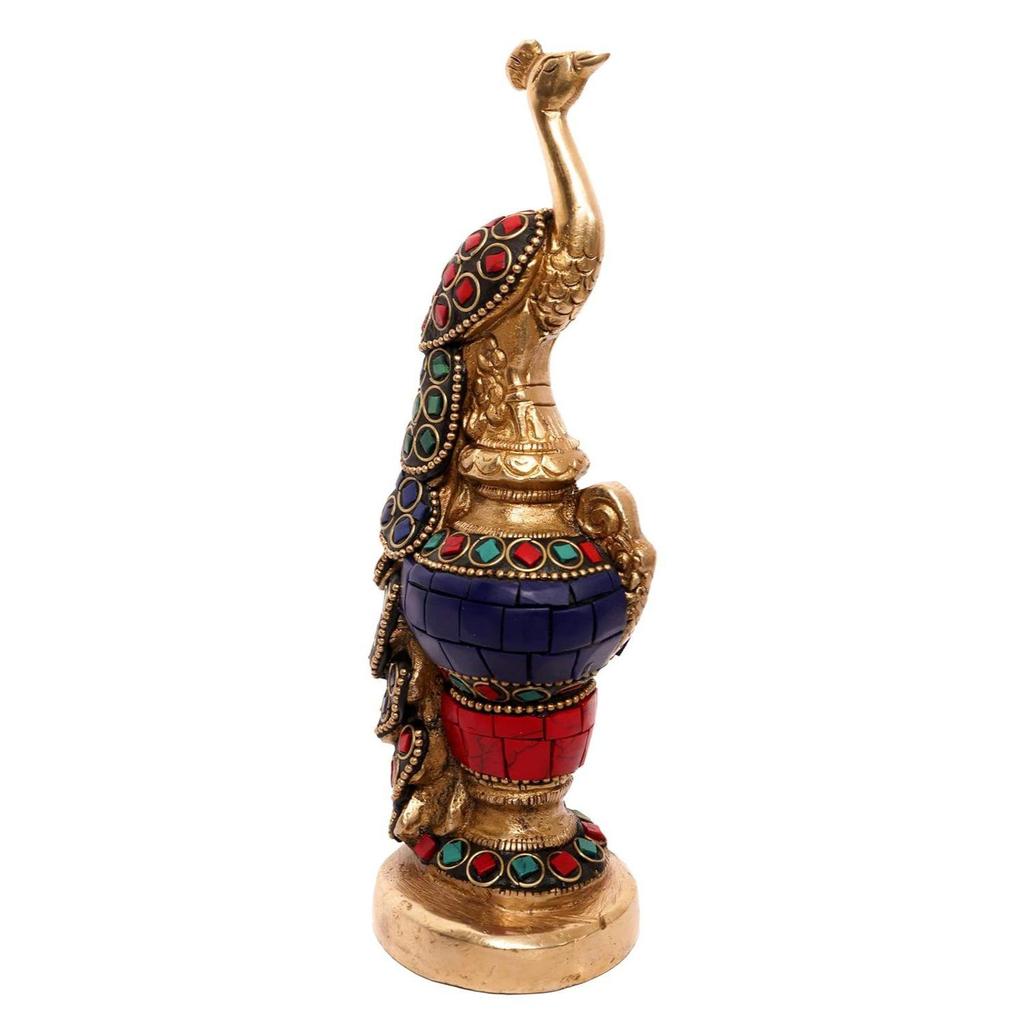 Brass Vintage Peacock Sitting Decorative Showpiece In Multicoloured Stone Finishing for Home Decor, Table Decor
