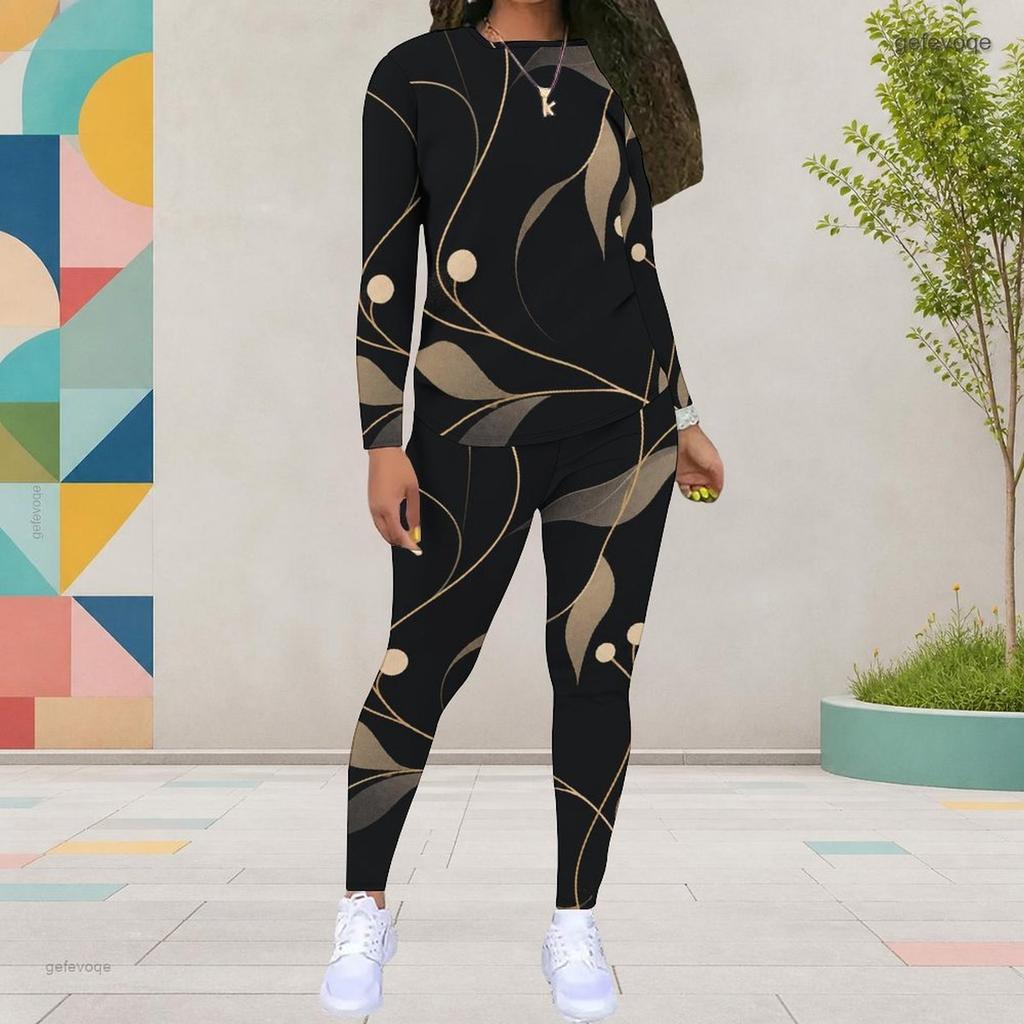 Women Plus Size Two Piece Set Round Neck Long Sleeve Black Gold Printed Top Fitted Pants