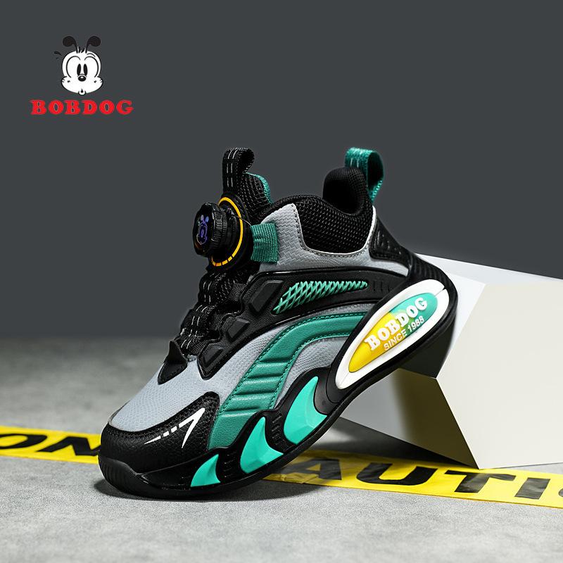 Babu Bean Classmate Boys Fleece Leather Surface Waterproof Sneakers Girls Running Shoes Middle Older Children Rotary Buckle Mesh Shoes