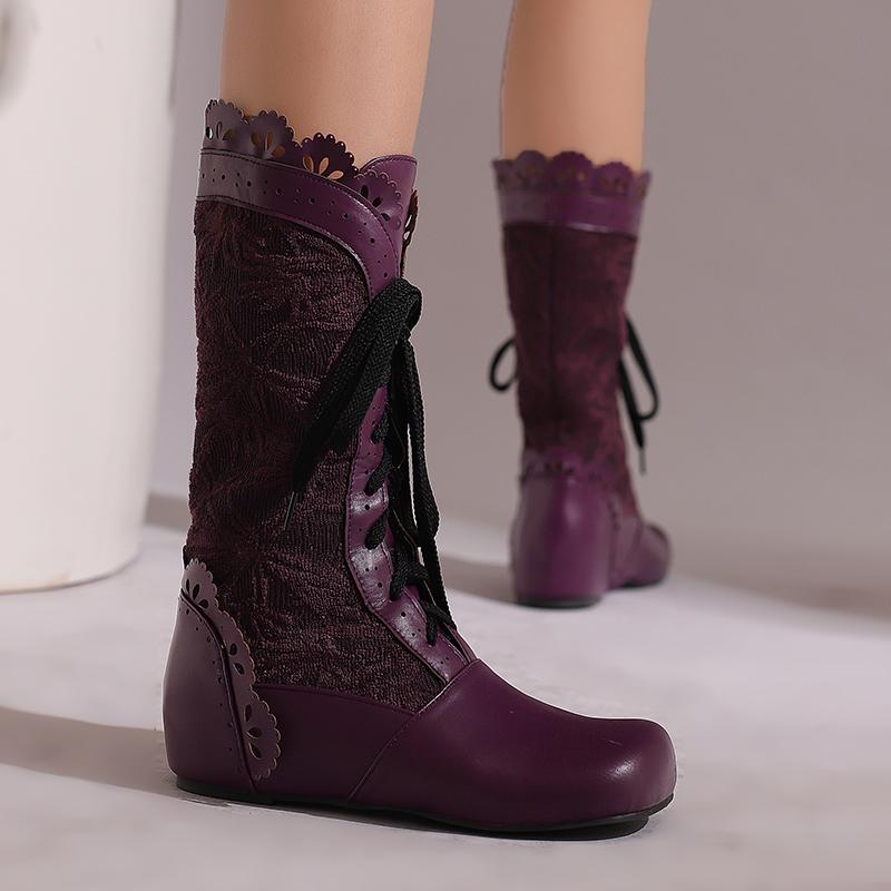 Fashion Women Victorian Boots Calf High Goth Booties Lace Up Cosplay Costume Witch Medieval Renaissance Vintage Shoes