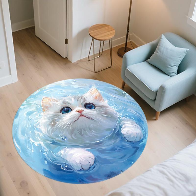 Water Ripple Cat,Round Area Rug,Carpet Rug for Living Room Bedroom Sofa Playroom Decor,Non-slip Floor Mat