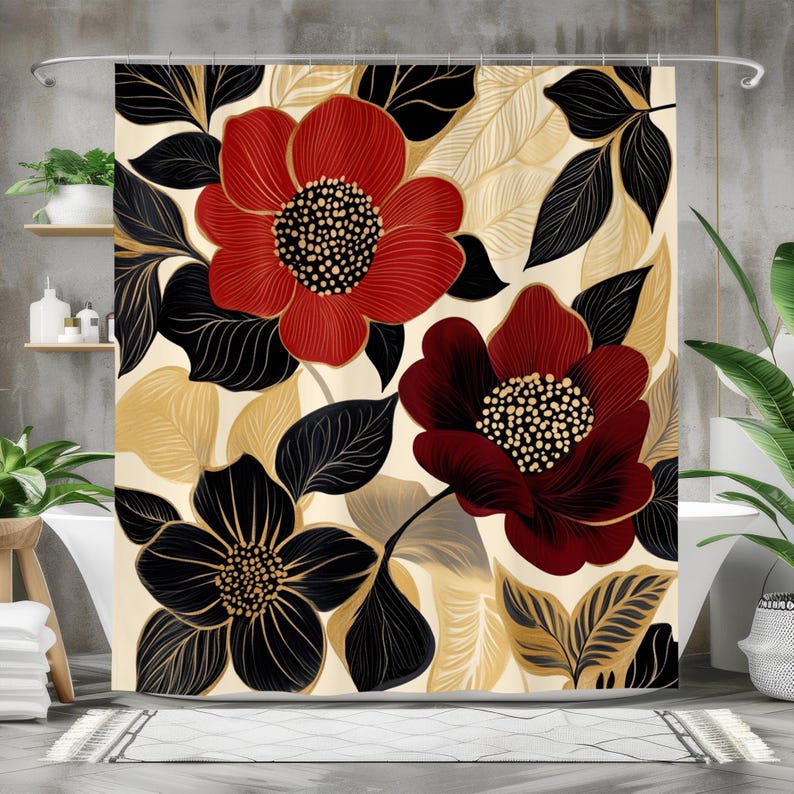 

Red Black Floral Shower Curtain With Beige Gold Accents, Modern Botanical Bathroom Decor For Contemporary Style W60H190(CM)-1 Pcs