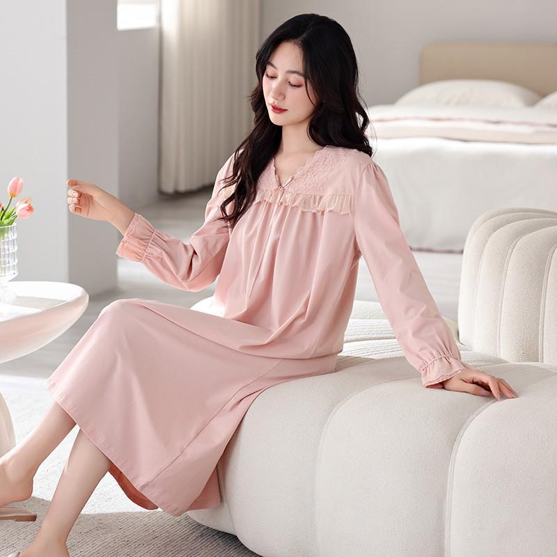 Womens Cotton Long Sleeve Nightgown Lace Trim Mid Length Sleepwear