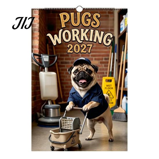 Home Study Room Decoration 2027 Pugs Working Wall Calendar, Funny Dog Hanging Office Organizer 12 Monthly Planner with Unique Illustrations for Decor