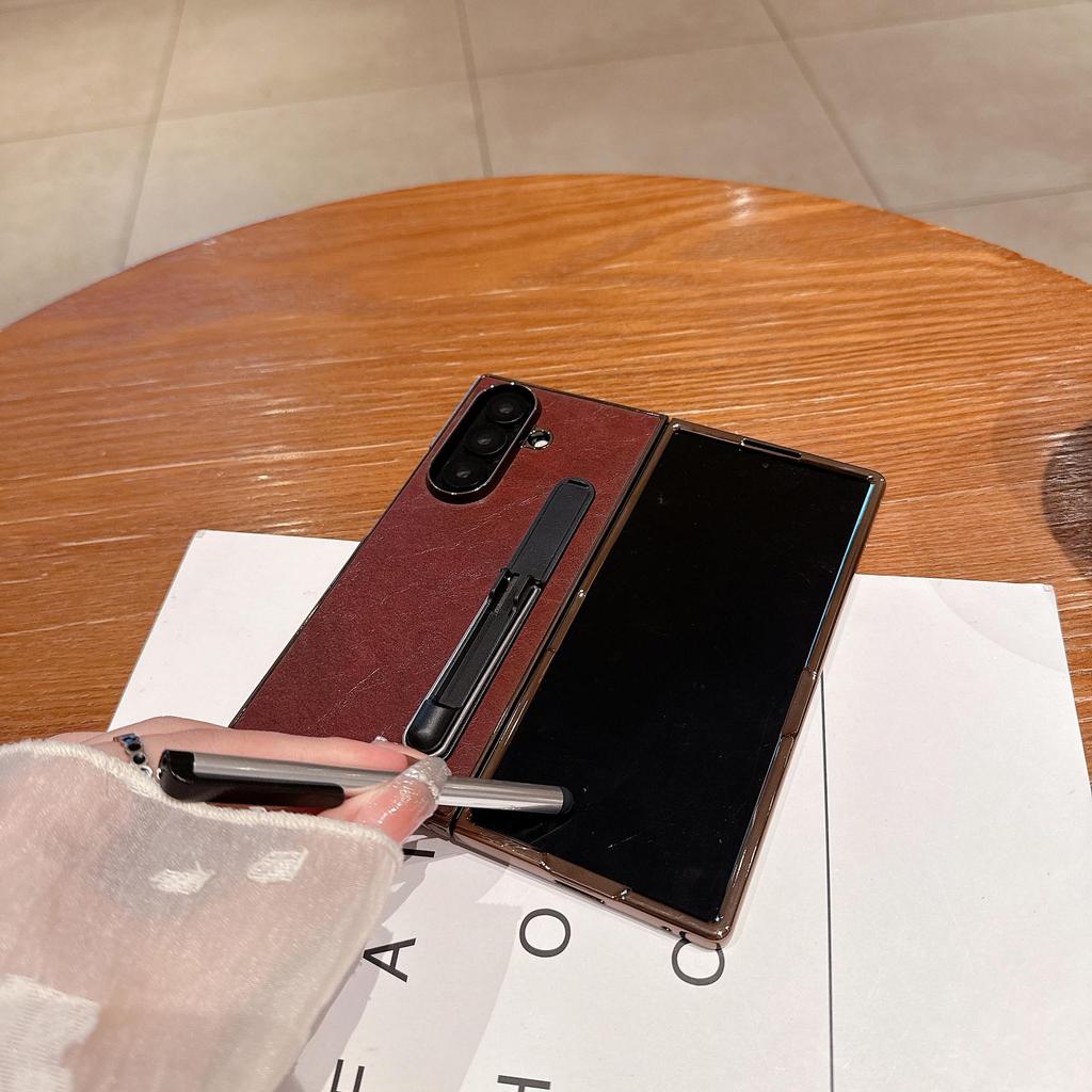 Samsung Z Fold7 Electroplated Leather Case with Stand & Stylus for Z Fold6/5/4/3