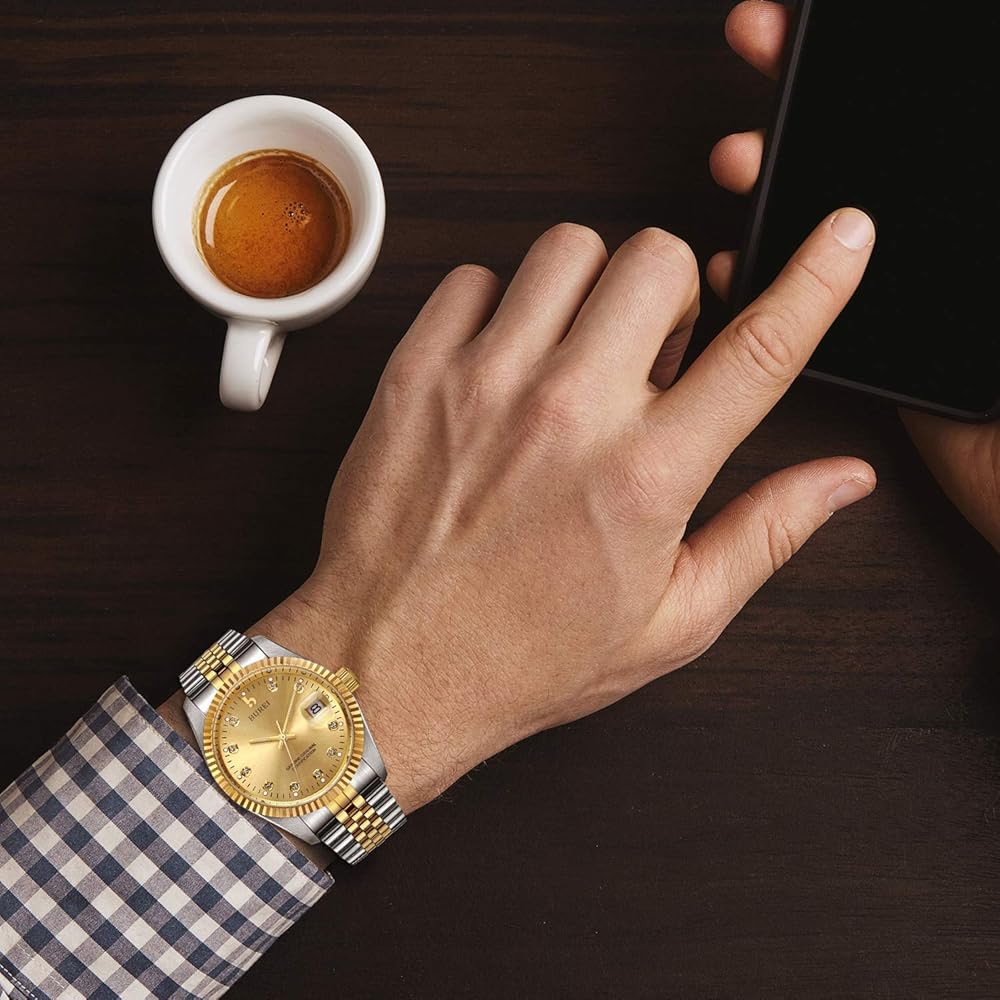 BUREI Men's Automatic Waterproof Analog Watch Gold Simple Stylish Business Timepiece