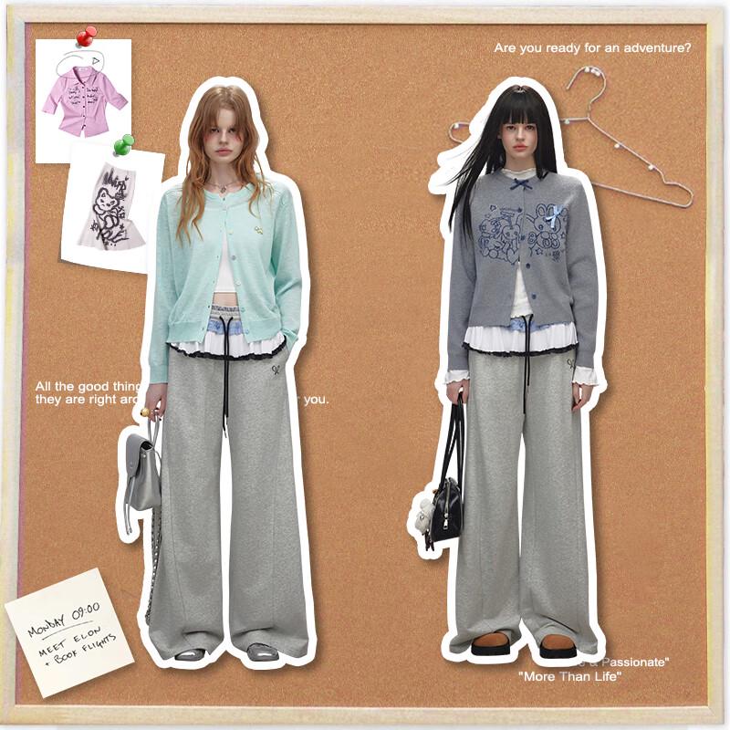 UNIFREE Women's Loose Wide Leg Contrast Double Waistband Sweatpants