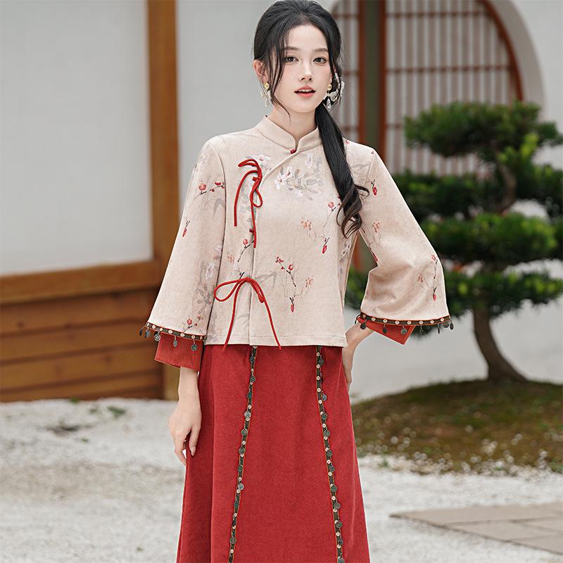 2024 Autumn/Winter Chinese Style Retro Tang Suit Hanfu Cheongsam Top & Tea Set