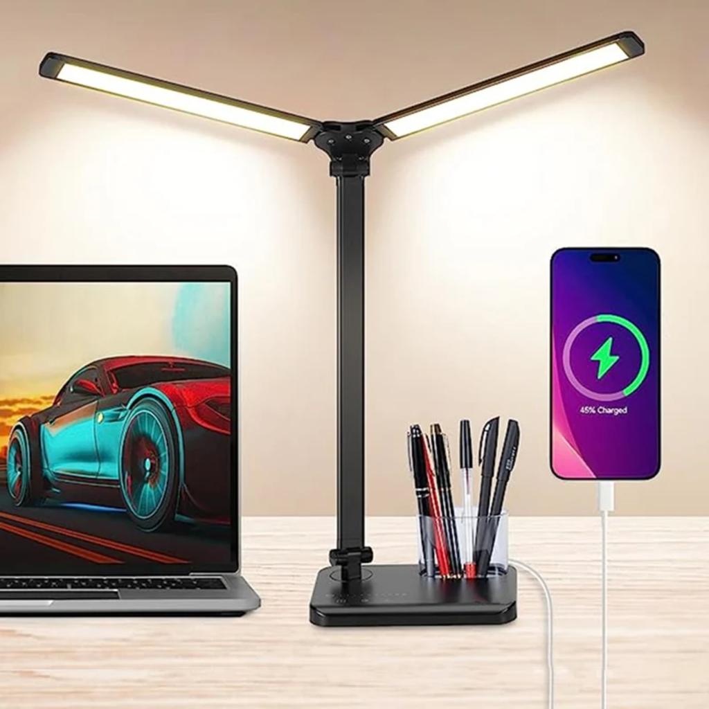 Ny skrivebordslampe med dobbel svingarm og berøringskontroll, 5 lysmoduser, dimbar lysstyrke, studielampe