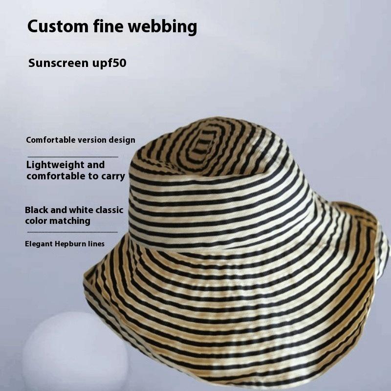 Temperament Versatile Webbing Striped Big Brim Sunshade Sunscreen Bucket Hat Women