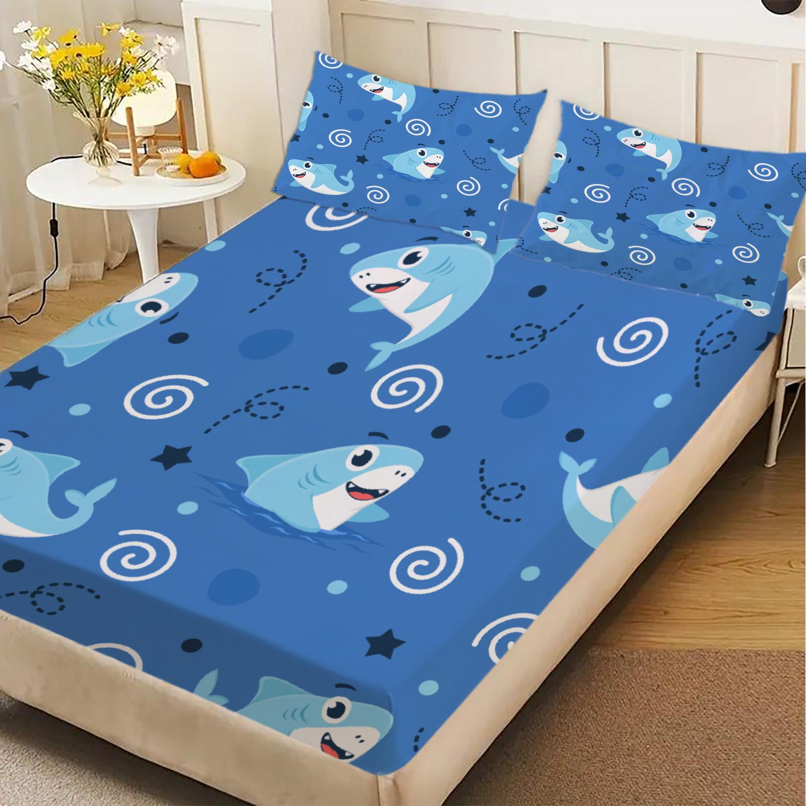 

3pcs Fitted Sheet Set Shark Swirl Stars Dots Ocean Wrinkle Resistant Breathable Bed Sheet With Pillowcases For Bedroom Decor 99x190x25cm