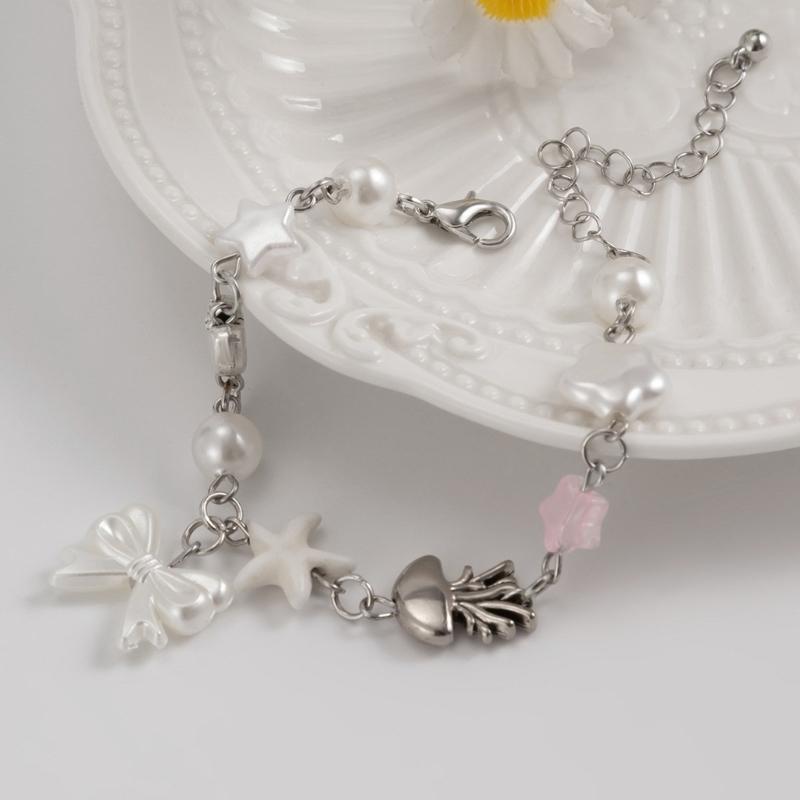 Faux Pearls Beaded Bracelet with Bowknot Pendant Butterfly Knot Charm Wristchain Adjustable Length Handchain Ornament