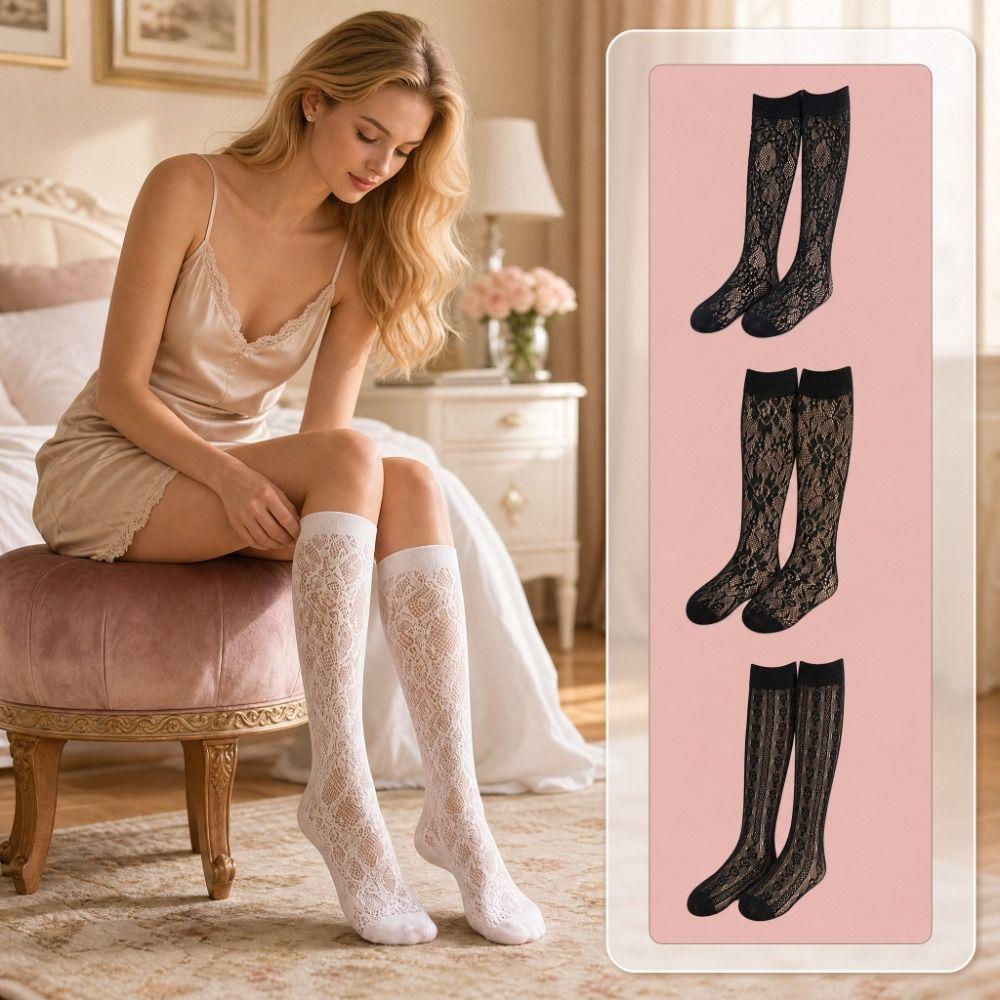 Hollow Lolita Socks Floral Printed Mesh Stockings Cute Calf Long Socks Pair with Skirts