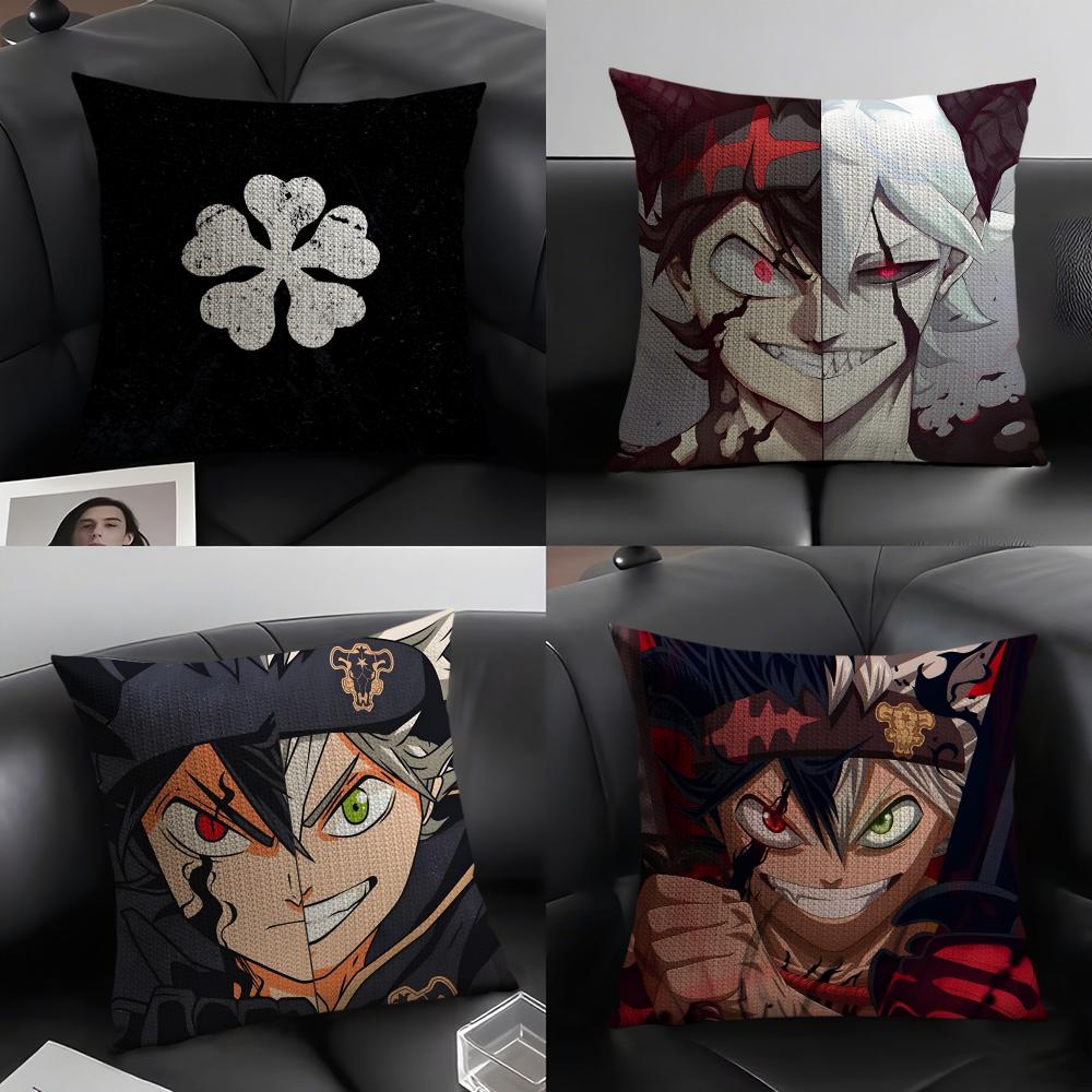 B-Black C-Clover Anime Cushion Cover Natural Linen Organic Fabric Double-Sided Printing Sofa Home Decor Gift Pillow Case