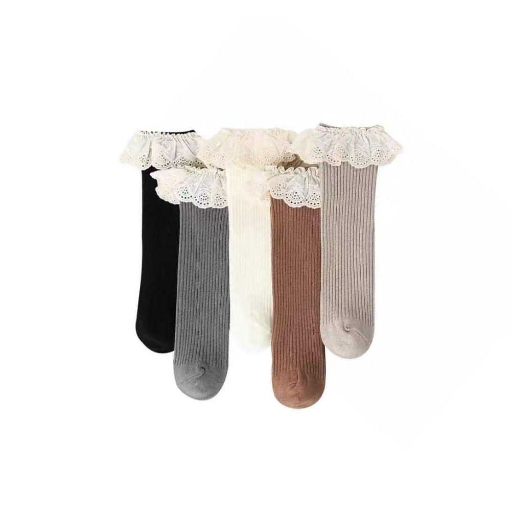 5Pairs Lace Trim Infant Cotton Stockings Ruffled Edge Cartoon Above Knee Socks Kids