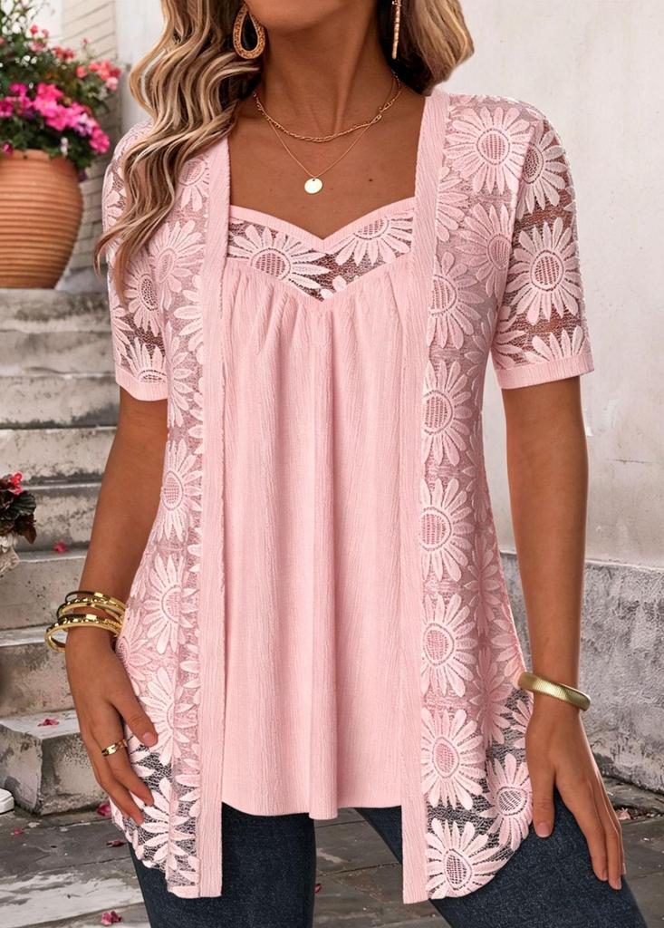 Elegant 2026 Summer Solid Color Lace Hollow Two-Piece Women's Top