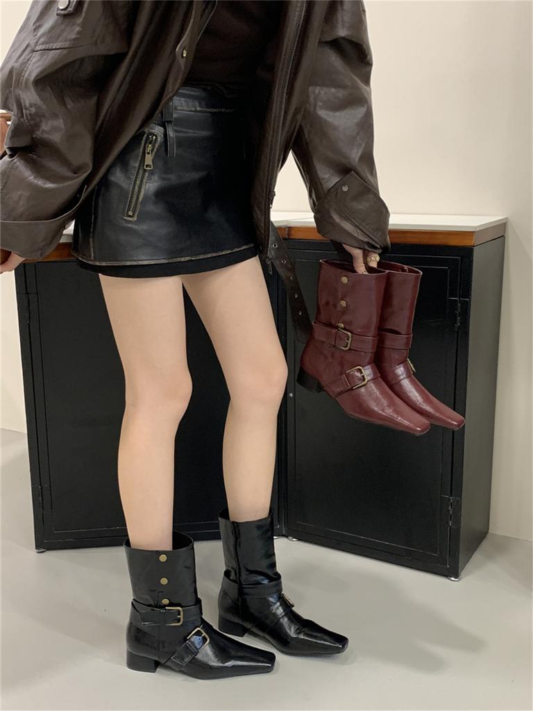 Retro thick heel square head western cowboy boots women's middle heel 2025 autumn new belt buckle women's boots