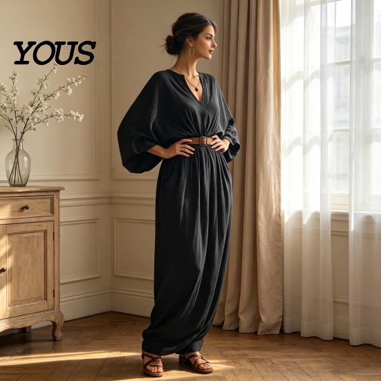 Elegant Casual Dress Women's Batwing Long Sleeve Maxi Dress, V Neck Flowy Versatile Women Summer Travel Vacation Loose Outfit with Belt Beach