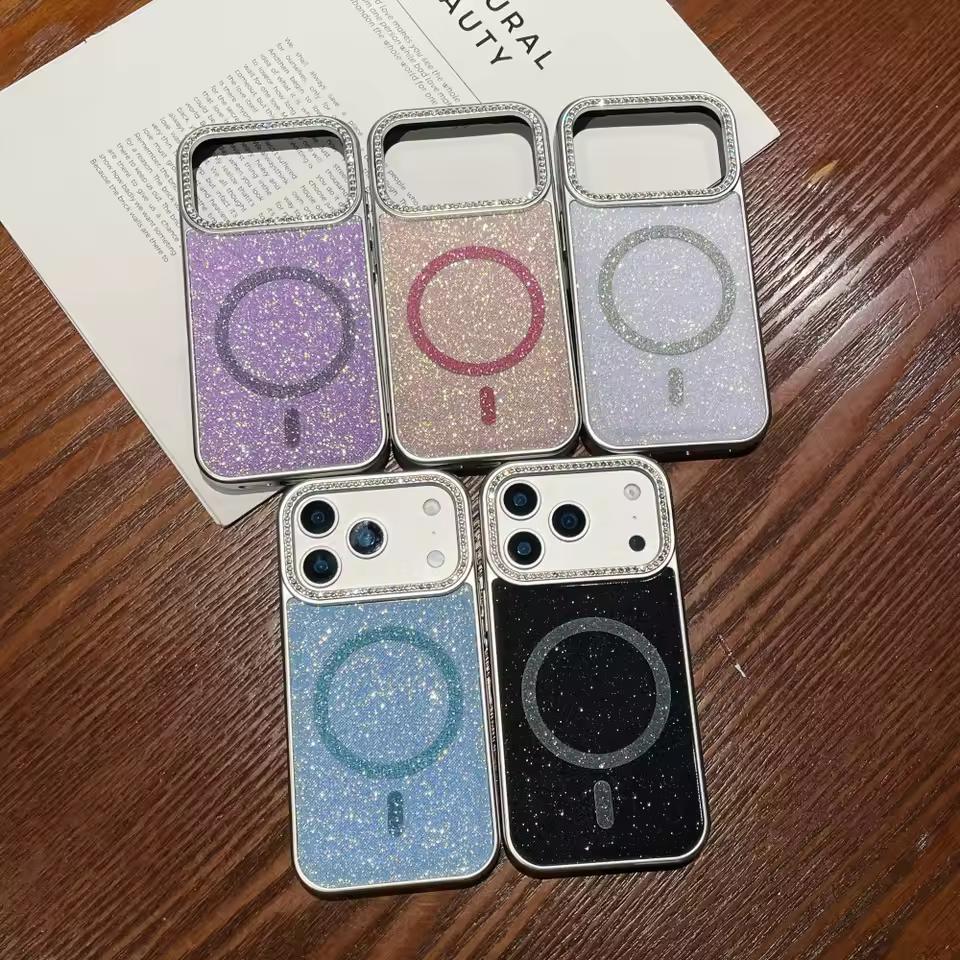 Luxury Shiny Diamonds Glitter Magnetic Case for iPhone 17 Air 16 15 14 13 12 11 Pro Max Plus For Magsafe Bumper Plating Cover