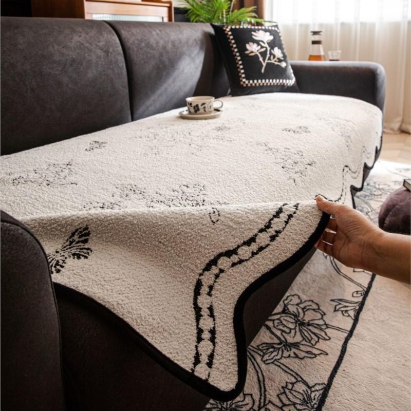 Non-Slip Couch Slipcover Protector Universal Irregularity Sofa Cushion European Style Retro  Black White Flowers Sofa Cover