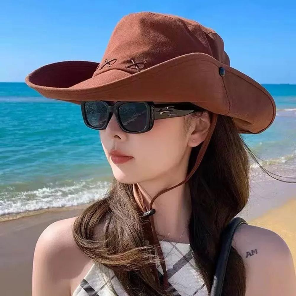 New Breathable Western Cowboy Hat Solid Color Adjustable Wide Brim Sun Hat Outdoor Mountaineering Fisherman Sunshade Cap Travel