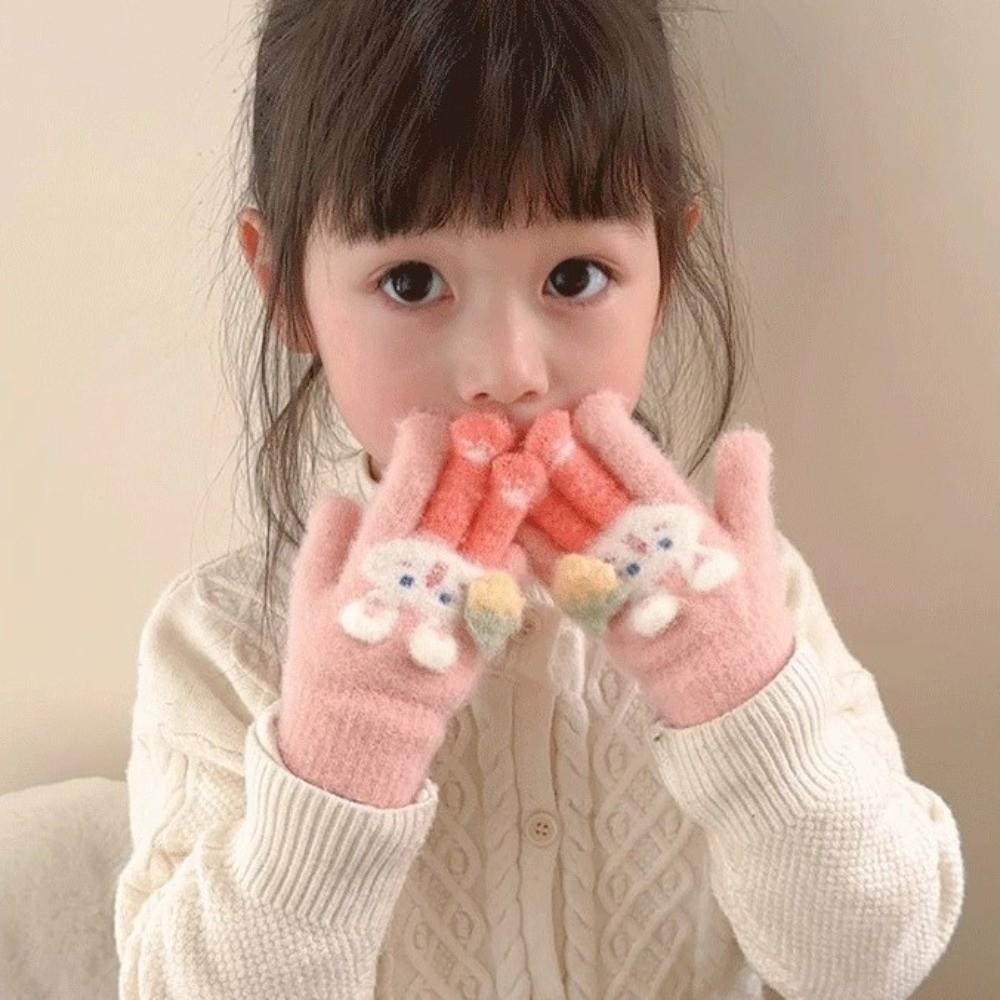 Plush Children Full Fingers Gloves Cartoon Rabbit Windproof Gloves Kawaii Kids Knitted Gloves