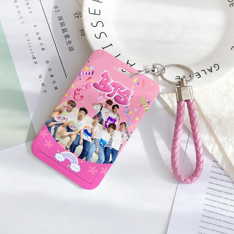 BTS Sliding Photocard Holder, Protective ID Badge Card Case with Braided Keychain Strap, Student Campus Bus Meal Card Protector Merch for ARMY