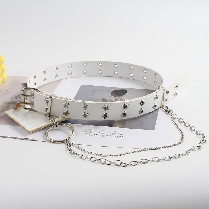 Punk Style Women Men Black Faux Leather Belt With Metal Chain Decor Double Row Buckle Casual Jeans Accessory