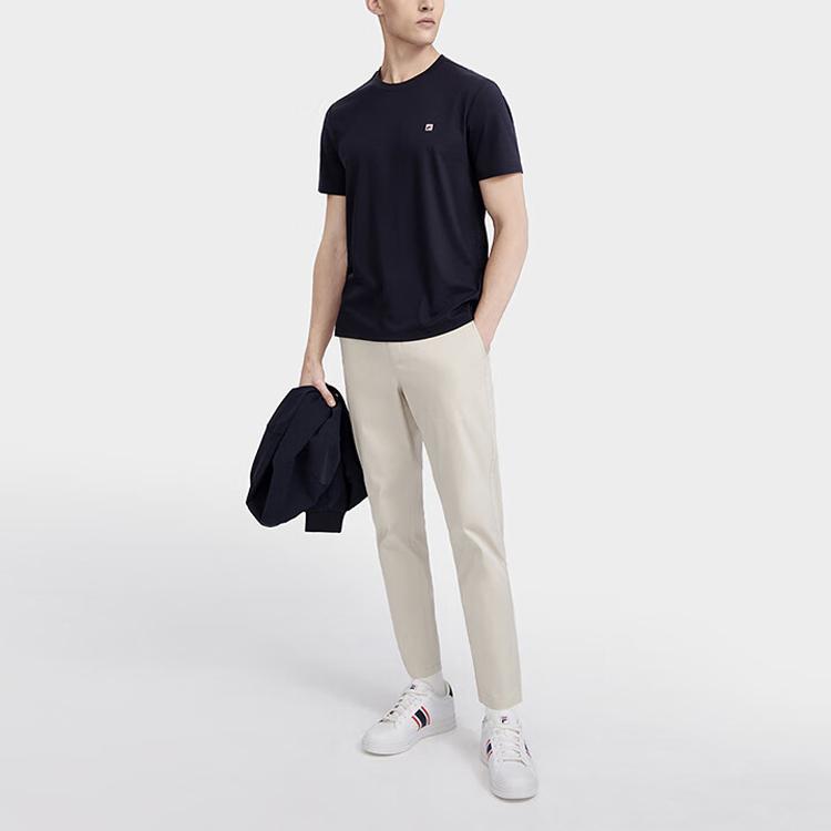 FILA Solid Color Simple Round Neck Pullover Business Casual Short Sleeve T-Shirt Men Tops Legendary-Blue F11M321109FNV