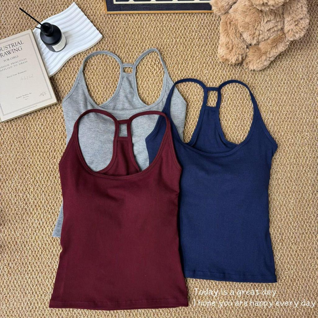 Women's Summer Hot Girl Pure Style I-Back Tank Top with Chest Pad, Solid Color, Versatile Sports Design