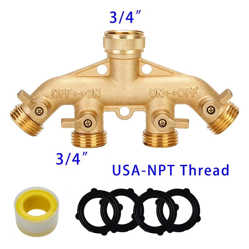 3/4 Inch 2/4-Way Brass Garden Hose Splitter Garden Tap Y-Type Watering Connector Distributor for Outdoor Faucet